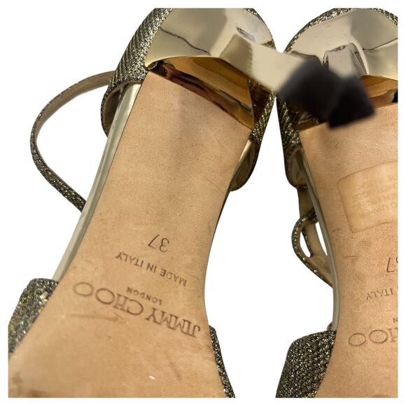 Jimmy Choo Lang Glitter Strappy Heeled Sandals Gold Silver Size 37 US 7 - Picture 8 of 10